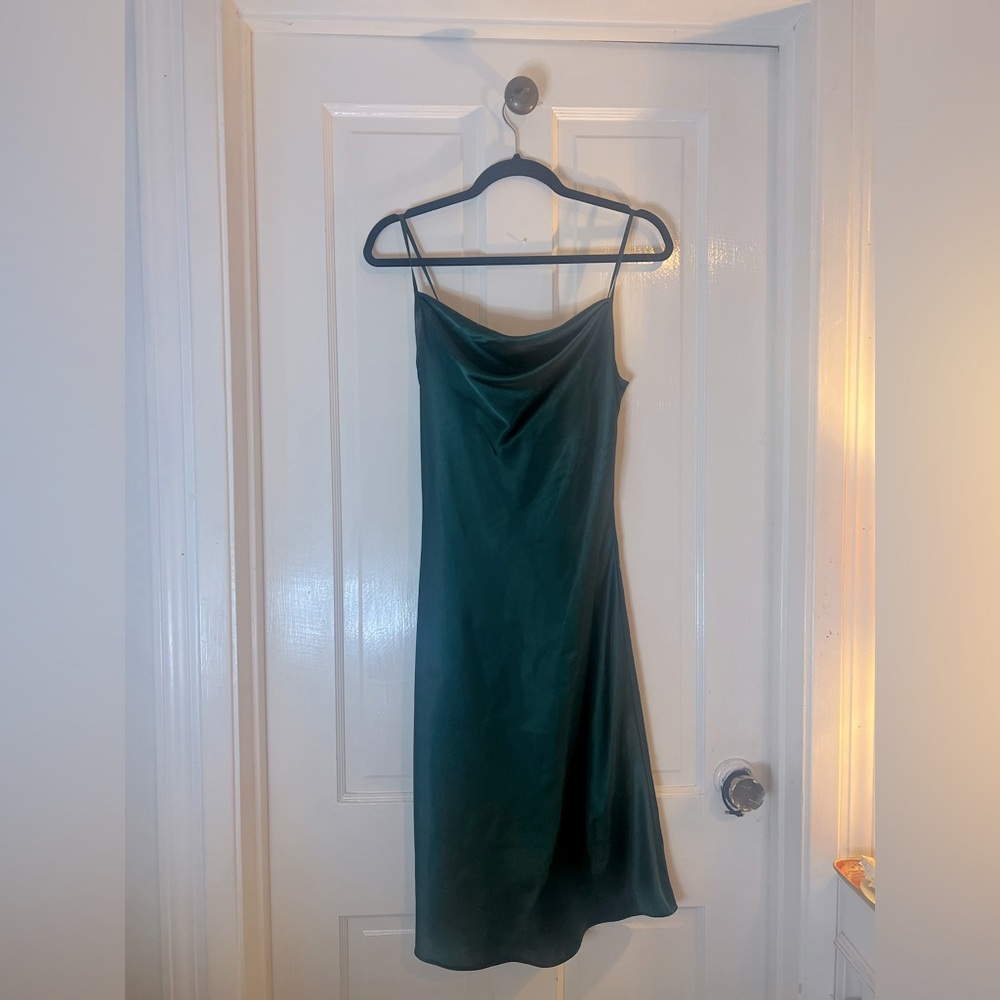 David’s Bridal Forest Green Silky Midi Cowl Neck Dress
